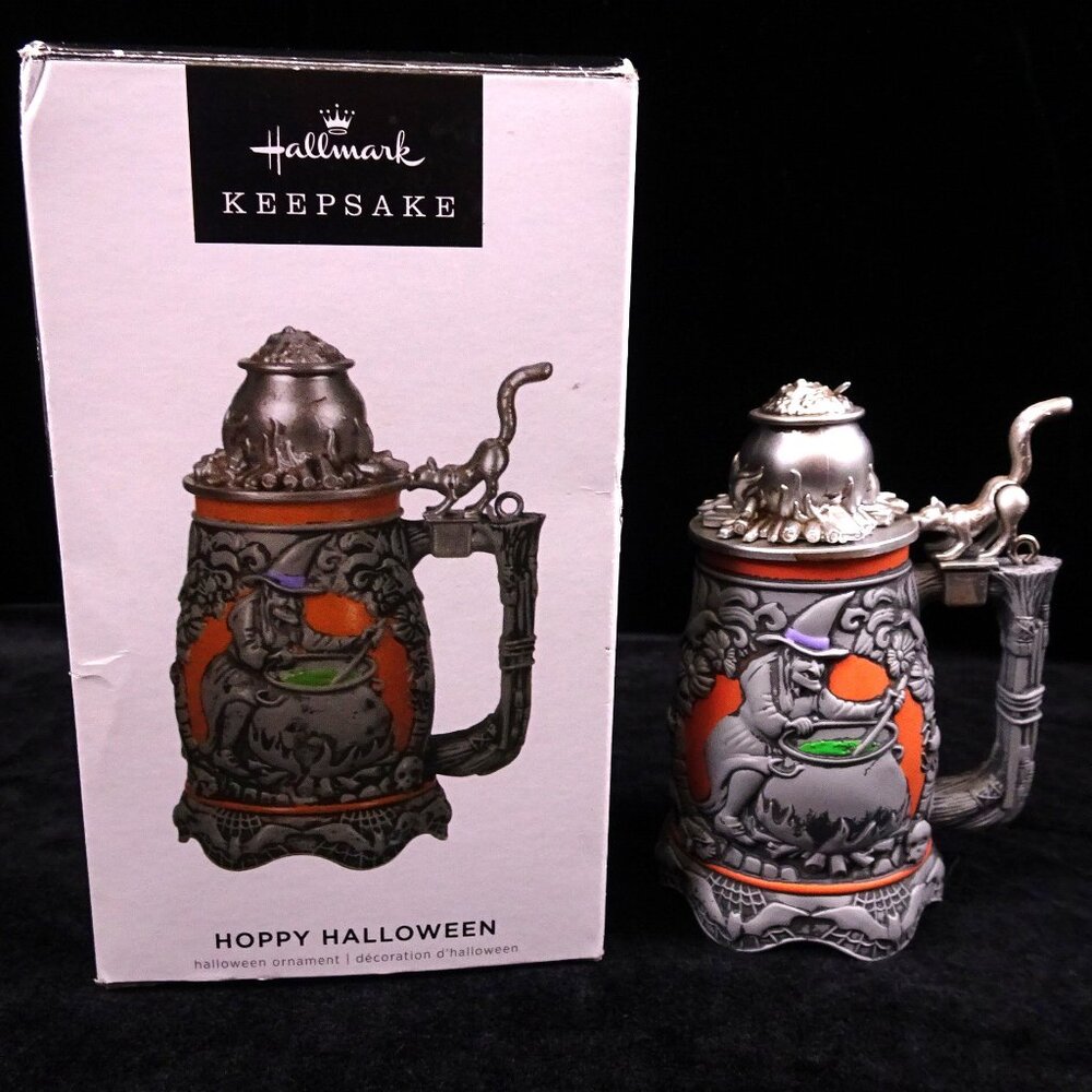 2022 Hallmark Hoppy Halloween Ornament Beer Stein Flying Broom Witch Caldron Boo